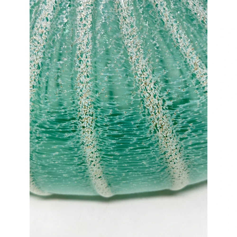 Art Glass Ribbed Urchin Vase 17x11 Teal Green Gold Fleck Coastal MCM Decor